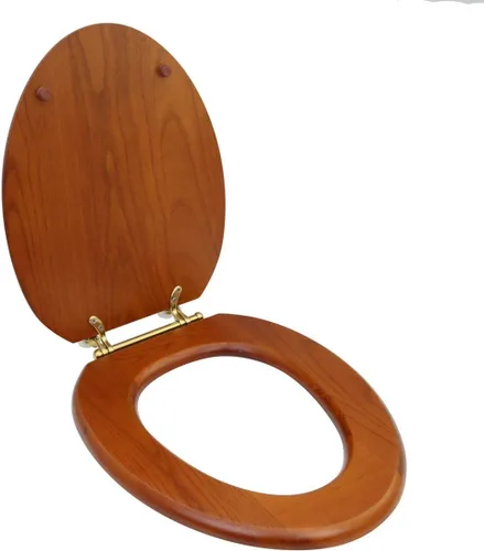 Vista 5 de Renovators Supply Manufacturing Asiento de retrete alargado de madera de caoba ligera con las bisagras de cobre amarillo de PVD y el parachoques