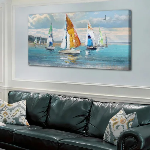 Vista 2 de Ardemy Arte de pared de barco de velero, arte abstracto azul con textura náutica, pintura costera grande para sala de estar, dormitorio, oficina
