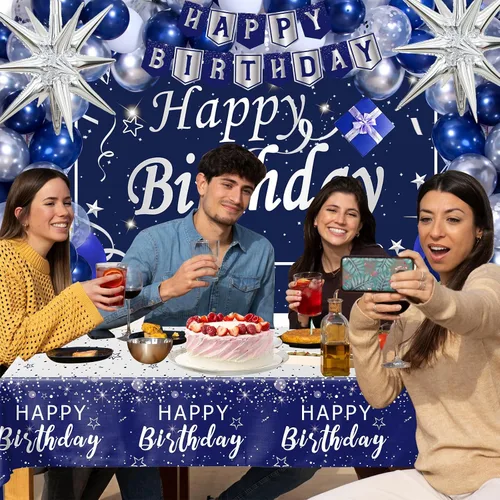 Vista 5 de Decoraciones de cumpleaños azul marino para hombres, niños, mujeres y niñas, 80 piezas de decoraciones de fiesta azules y plateadas, telón de fondo