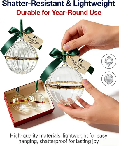 Vista 4 de Bola de adorno de Navidad, adorno para árbol de Navidad con bisagras con acento de cinta, adorno rellenable, regalo de decoración de invierno