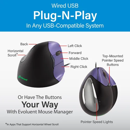 Vista 5 de Evoluent – Inventor del ratón vertical – VM4S Ratón vertical ergonómico mano derecha Pequeño USB con cable, esculpido para mayor comodidad, reduce