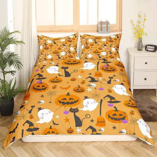 Vista 13 de Feelyou Funda de edredón de Halloween, tamaño individual, con 1 funda de almohada, decoración de Halloween, juego de ropa de cama con estampado