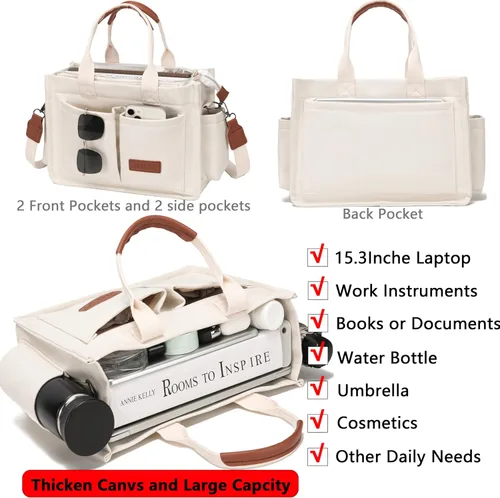 Vista 2 de Bolso de mano para mujer con compartimentos, bolso grande de lona para mujer, bolso cruzado de trabajo, portátil, bolsa de libros, bolsos de hombro