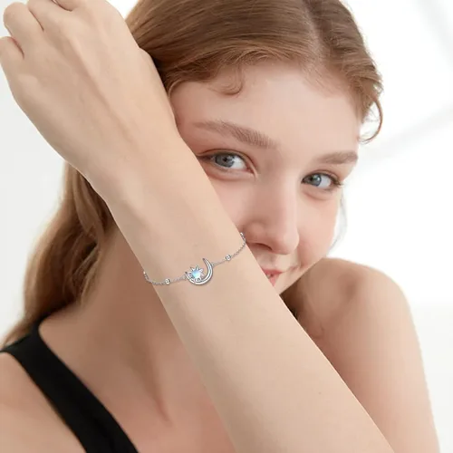 Vista 2 de KQF Pulsera de plata de ley con diseño de luna y luna creciente para mujer, joyería para adolescentes y niñas