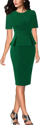 Vista 2 de VFSHOW Vestido de tubo plisado para mujer cuello redondo peplum para el trabajo la oficina negocios