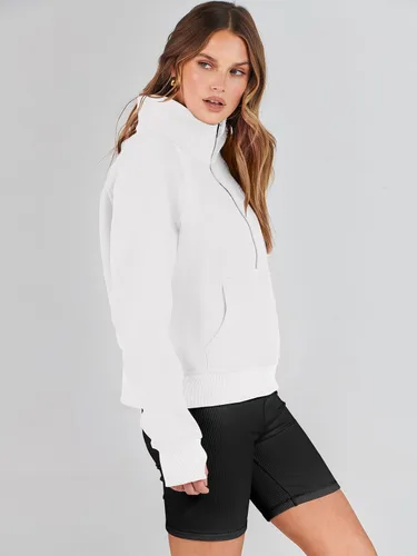 Vista 4 de ANRABESS Sudaderas recortadas para mujer, con media cremallera, forro polar, con cremallera de un cuarto, ropa de otoño 2023, suéter con agujero