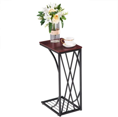 Vista 5 de Mesa auxiliar en forma de C, mesa auxiliar para sofá, mesa auxiliar para muebles de sala de estar, escritorio marrón de línea cruzada