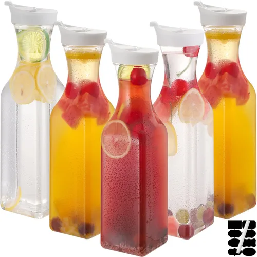 Vista 10 de 3 piezas Jarra de agua de plástico de 32 oz con tapa abatible, contenedores de jugo de base cuadrada, jarra de suministros para bar de mimosa