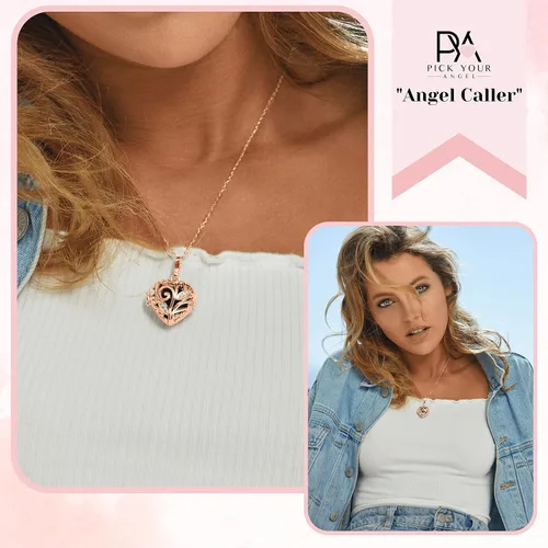 Vista 2 de PYA - Collar de llamador de ángel "El llamador de ángeles" en oro rosa de 14 quilates de 18 pulgadas con colgante y bola de sonido. Joyería