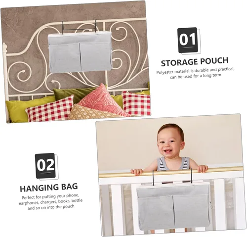 Vista 2 de Práctica cesta de almacenamiento colgante para mesita de noche, multiusos, bolsillos para dormitorio, litera, loft, dormitorio universitario, rieles