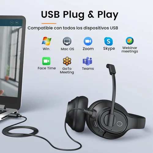 Vista 7 de EKSA Auriculares con micrófono para laptop, auriculares con cable para computadora con controles de volumen y silencio de micrófono, auriculares