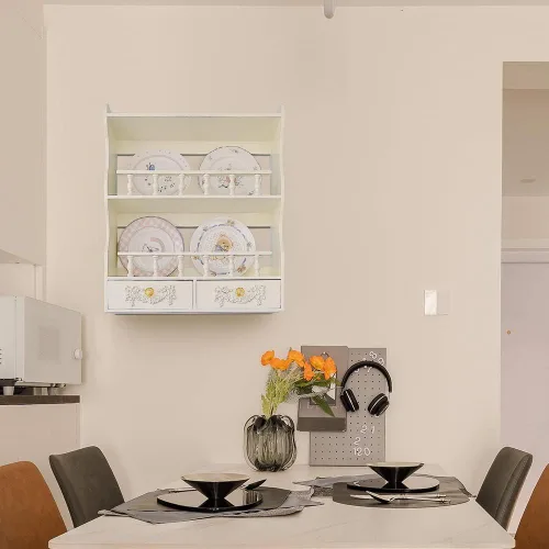 Vista 3 de Estantes flotantes románticos de pared con nudo de lazo hecho a mano, estante de pared de estilo francés de MDF con 2 cajones para sala de estar