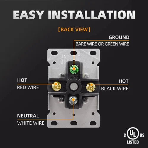 Vista 5 de NEMA 14-50R y 14-50P 50 amperios, 125 ~ 250 voltios, 3 polos de 4 cables, enchufe de ángulo macho de 4 clavijas y salida de rango montaje empotrado