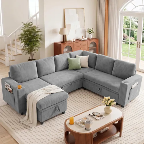 Vista 2 de Sofá cama seccional en forma de L con cama extraíble, 7 asientos Gris