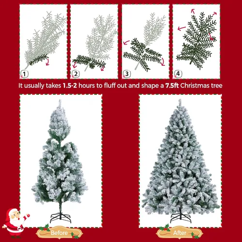 Vista 6 de Yaheetech Árbol de Navidad Artificial Nevado Preiluminado de 7.5 pies con 550 Luces Blancas Cálidas, 1284 Puntas de Ramas Frondosas y Diseño