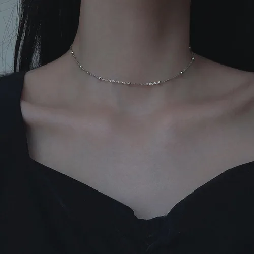Vista 3 de LOVPEPY Gargantilla simple para mujer, plata de ley 925, delicado dije de cuentas satélite, cadena de clavícula, joyería minimalista, regalo