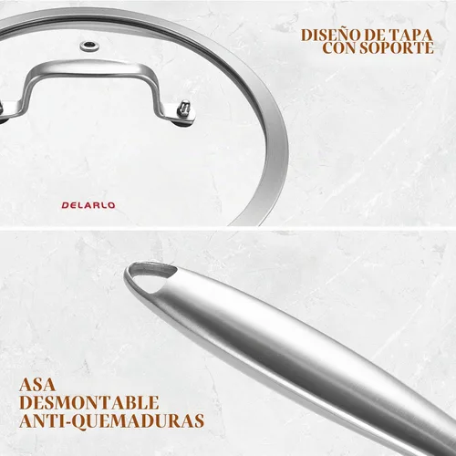 Vista 3 de DELARLO Sartén de Acero Inoxidable de Tres Capas de 3QT con Tapa, Sartén Profunda de 12 Pulgadas, Sartén Grande de Inducción, Sartén de Cocina, Apto