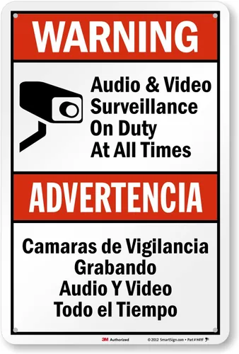 Vista 12 de SmartSign Paquete de 2 señales "Advertencia: Vigilancia de Audio y Video en Servicio en Todo Momento" Bilingüe - 7" x 10", Aluminio Metalizado