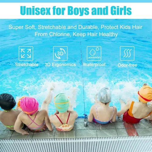 Vista 6 de 2 Pack Kids Swim Caps for Boys Girls, Durable Silicone Swimming Cap with 3D Ear Pockets for Age 3-15 Toddler Child Youth Teen, Unisex Swim Bath Hats