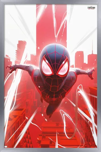 Vista 10 de Marvel's Spider-Man: Miles Morales - Póster de Falling Wall, 22.4 pulgadas de largo x 14.7 pulgadas de ancho, versión enmarcada de madera de granero