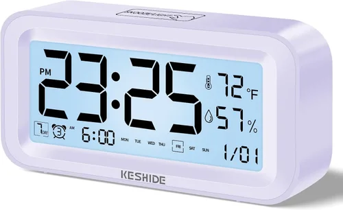 Vista 8 de Reloj despertador digital con luz nocturna, funciona con pilas, con temperatura interior y humedad, reloj pequeño de escritorio, modelo con función