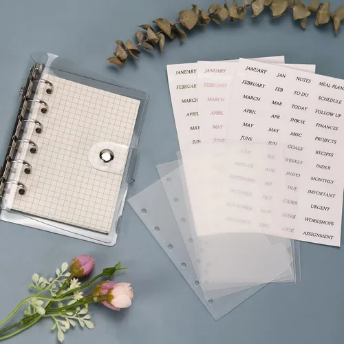 Vista 3 de Separadores de Plástico A7 Transparentes y Resistentes, Separadores de Carpeta de 6 Anillas con Pestañas, Insertos para Planificador Personal