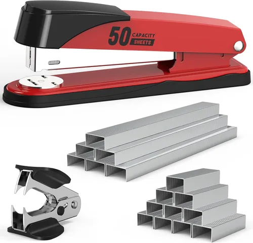 Vista 8 de Engrapadora de metal resistente con capacidad de 50 hojas con 1750 grapas y removedor de grapas, grapadoras de tira completa para escritorio, sin