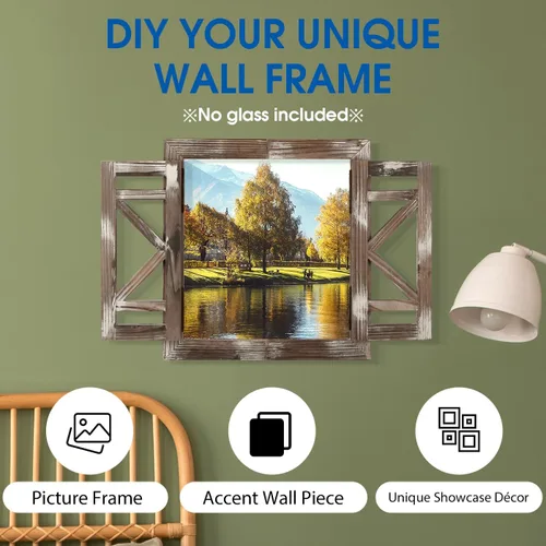 Vista 8 de J JACKCUBE DEISGN MK587A - Marco de ventana de madera rústica con puertas abiertas, decoración artística de pared para colgar, decoración de pared
