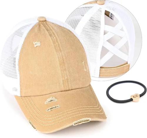 Vista 38 de C.C Gorra de béisbol de malla con diseño de estrella brillante, gorra de camionero ajustable para moño o cola de caballo Una banda elástica-negro