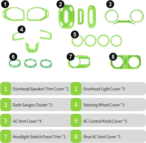 Vista 3 de RT-TCZ Kit de cubierta interior verde para Jeep JL JLU 2018-2023 Anillos de ajuste de ventilación de CA Accesorios interiores verdes 20 piezas