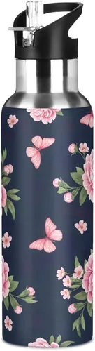 Vista 8 de Pink Peonies Botella de agua aislada de 20 onzas, botella de agua deportiva sin BPA con popote a prueba de fugas
