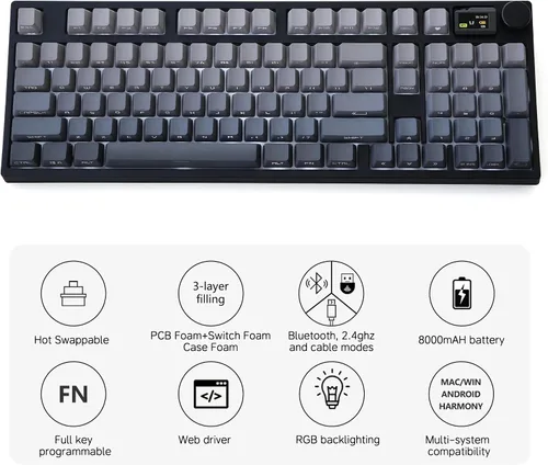 Vista 3 de NJ98 Teclado mecánico inalámbrico personalizado con perilla de pantalla 96% teclado RGB intercambiable en caliente Mac Windows