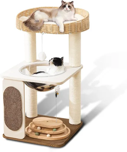 Vista 13 de Torre de árbol moderna para gatos de 52 pulgadas para gatos grandes, 3 nidos para gatos tejidos a mano, multinivel, enormes Paws Pals árbol