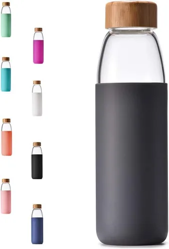 Vista 9 de Botellas de agua de vidrio de borosilicato de 18 onzas con tapa de bambú, sin BPA, funda de silicona antideslizante y tapa a prueba de fugas de Negro