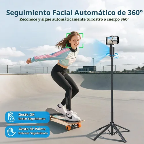Vista 2 de Fuloview Trípode de seguimiento facial automático, trípode de teléfono de 67 pulgadas para iPhone, rotación de 360° que sigue tu movimiento, control