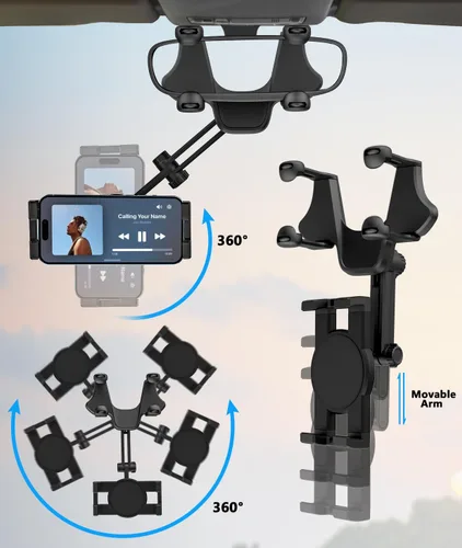 Vista 5 de Soporte para tablet para espejo retrovisor para coche y camión, giratorio y retráctil Rear View Mirror Clip Phone Tablet Holder Upgraded 4 Corners