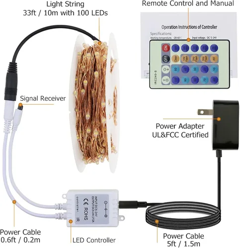 Vista 8 de RUICHEN Cadena de luces LED de alambre de cobre regulable de 33 pies, 100 luces LED enchufables con control remoto, blanco cálido