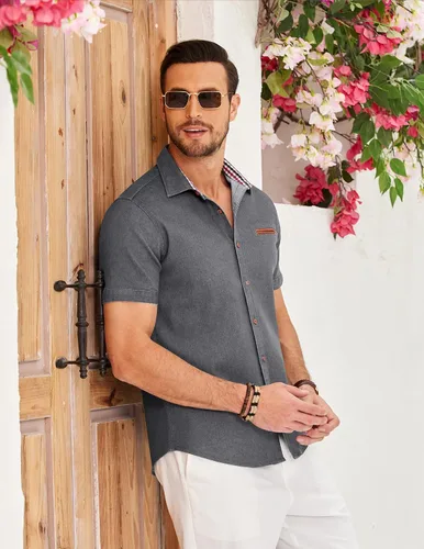 Vista 4 de COOFANDY Camisa casual de algodón de manga corta con botones y cuello a cuadros para hombre