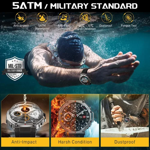 Vista 3 de Reloj inteligente militar para hombre, reloj inteligente con GPS integrado, 5 ATM, impermeable, 1.43 pulgadas, AMOLED, resistente, rastreador