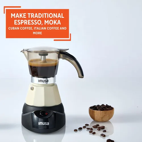 Vista 5 de IMUSA Cafetera eléctrica de almendras de 3 o 2 tazas, cafetera moka compacta con función de mantener el calor, base desmontable, cafetera de leche