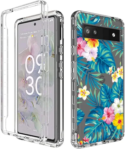 Vista 6 de Funda para Pixel 6A, para Google 6A Crystal Clear Floral Case con protector de pantalla de vidrio templado, suave 360° cuerpo completo a prueba