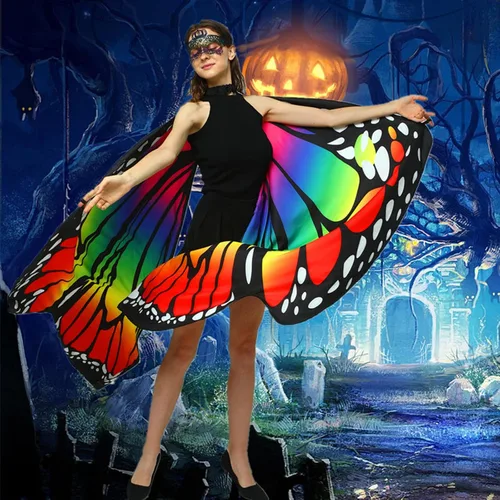 Vista 5 de GRAJTCIN Chal de alas de mariposa impresas a doble cara, accesorio para fiesta de disfraces de hadas de Halloween