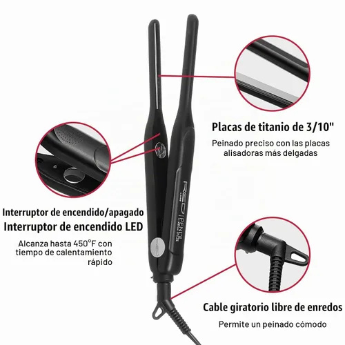 Vista 4 de RED by KISS Lápiz de titanio plancha plana de 3/10 pulgadas – Borde ultra preciso y estilo de corte Pixie, calor máximo de 450 °F, sin