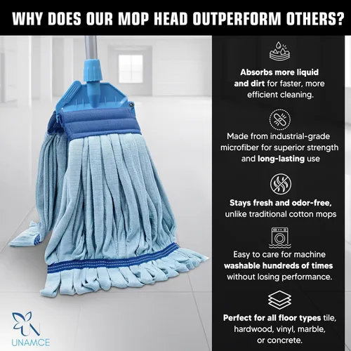 Vista 6 de Paquete de 2 cabezales de trapeador de microfibra resistentes de repuesto, resistente, azul, lavable a máquina, extra absorbente, extra grande