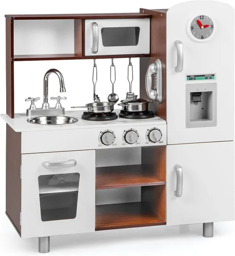 Vista 9 de Costzon Juego de cocina para niños, cocina de simulación para niños pequeños con utensilios, horno, gabinetes, grifo, fregadero, teléfono