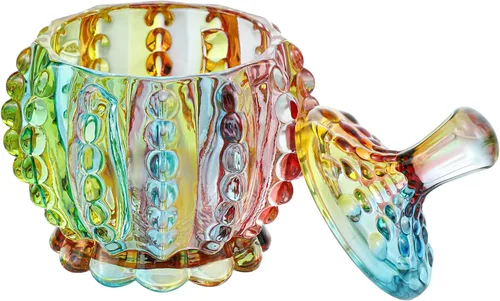 Vista 2 de SOCOSY Tarro de boticario de vidrio transparente en relieve con tapa, Tarro de dulces Tarro de buffet de dulces de boda Caja de joyería de cristal
