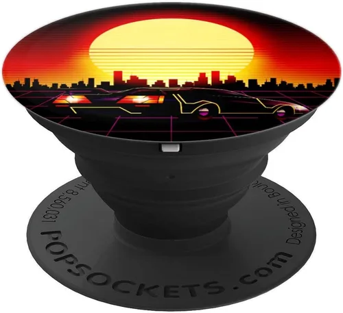 Vista 4 de Retro Synthwave Vaporwave 80s Style Design - Coche - Skyline PopSockets agarre y soporte para teléfonos y tabletas, Negro