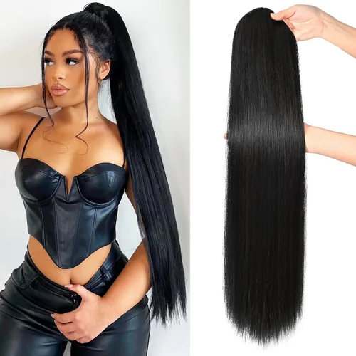Vista 49 de SEIKEA Extensiones de cola de caballo con cordón, larga y recta, cola de caballo falsa, natural, suave, extensiones de cabello sintético resistente