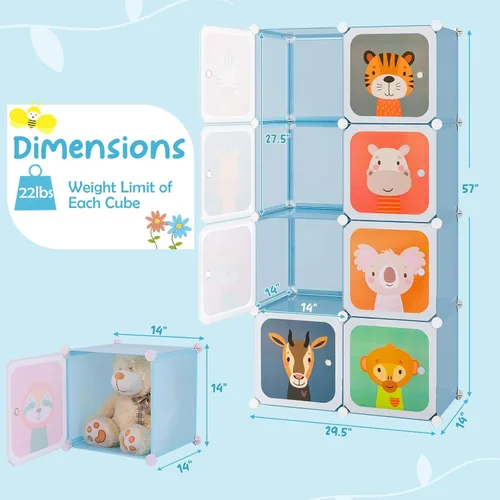 Vista 8 de HONEY JOY Armario para niños, organizador de almacenamiento de ropa de dibujos animados para bebés, 8 cubos y 2 secciones para colgar, armario Azul