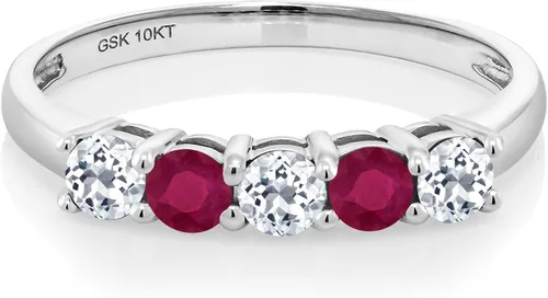 Vista 2 de Gem Stone King 0.70 Ct Round White Topaz Red Ruby 10K White Gold 5 Stone Anniversary 5-Stone Band Ring